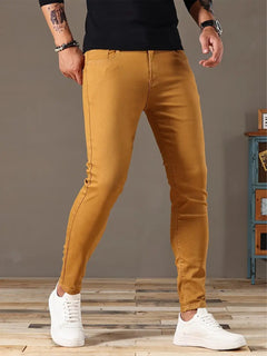 Men's denim stretch bike-style pants with a comfortable fit and casual design, shown in dark blue denim fabric.