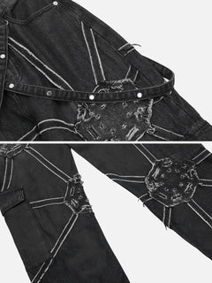 Spider denim pants by My Store featuring a slim fit design and classic five-pocket style, shown in a close-up view.