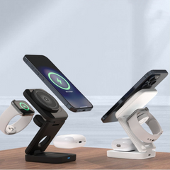 3-in-1 foldable wireless charger by My Store with multiple charging pads, compact design, and foldable stand for smartphones and accessories.