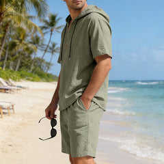 Men's loose, breathable linen casual set with hood from My Store, featuring a lightweight, relaxed fit for comfortable everyday wear.