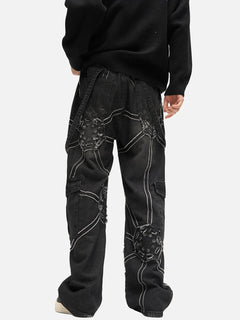 Dark blue spider denim pants from My Store with a slim fit design, shown hanging on a hanger against a white background.
