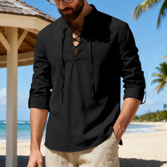 Men's casual long-sleeve linen Henley shirt in a neutral color, displayed on a hanger with a plain background.