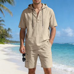 Men's loose, breathable linen casual set with hood, featuring a relaxed fit and lightweight fabric for comfortable everyday wear.