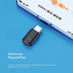My Store Type-C Micro USB Smart IR Remote Control Phone App Mini Adapter connected to a smartphone for remote control functionality.