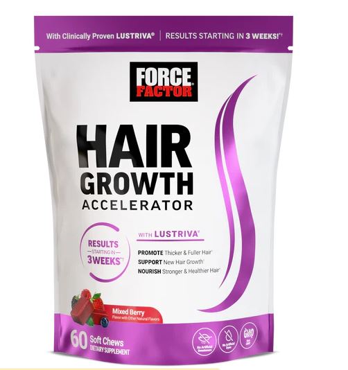 My Store Hair Growth Accelerator Chews showing a bottle with chew supplements and a few chews beside it.