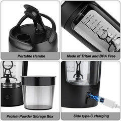 Electric portable whey protein shaker bottle by My Store with a sleek design and mixing lid for on-the-go fitness and supplement mixing.