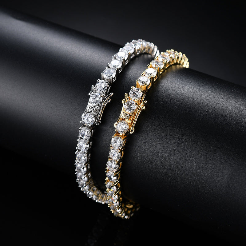 Copper tennis chain with single row zircon accents, hip hop bracelet style showcasing detailed craftsmanship and shine.