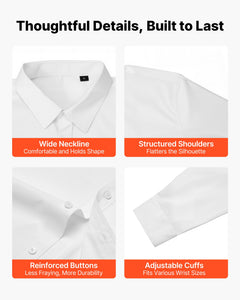 Men's white long sleeve button-up dress shirt with slim fit, soft stretch fabric, ideal for business casual or formal occasions.
