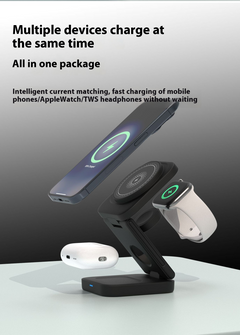 Foldable 3-in-1 wireless charger from My Store with multiple charging coils and sleek design for smartphones and accessories.
