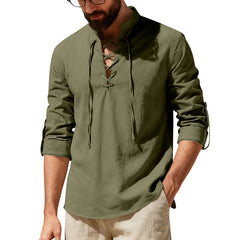 Men's casual long-sleeve linen Henley shirt from My Store, displayed as part of a linen casual set with neutral tones.