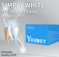 Teeth whitening brightening powder from My Store in a clear jar, with a scoop and white powder for dental whitening.