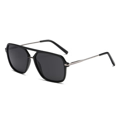 Classic men's dual-beam sunglasses with linen casual set, stylish fashion sunglasses featuring black frames and tinted lenses.