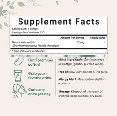 Astaxanthin soft capsules in a bottle, 120 tablets, dietary supplement for skin and antioxidant support.