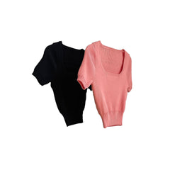 Women’s bloggerstyle square-neck knitted top with short sleeves, slim fit, and navel cut, perfect for fashionable casual wear.