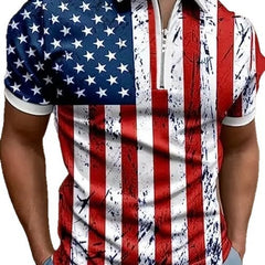 Men's 3D digital print zip-up polo shirt in vibrant colors with a high collar and front zipper, displayed on a hanger.