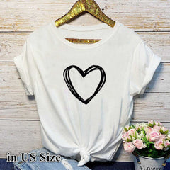 Women’s short sleeve heart print T-shirt with O-neck, loose fit, casual summer top, featuring a pink heart design.