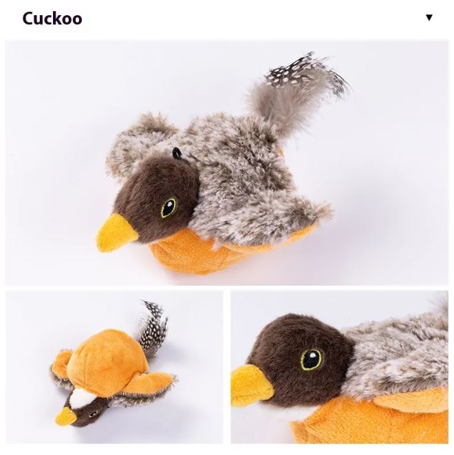 Colorful flapping bird cat toy with feathers and string, designed to entertain and stimulate cats during playtime.