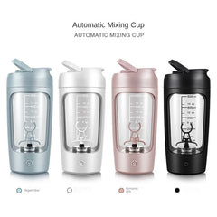 Electric portable whey protein shaker bottle with mixing motor and leak-proof lid, ideal for fitness and gym use