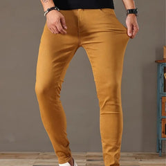 Men's denim stretch bike-style pants with a fitted design, featuring classic denim texture and casual styling.