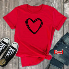 Women’s short sleeve heart print T-shirt by My Store, casual summer O-neck top with a loose fit and feminine design.