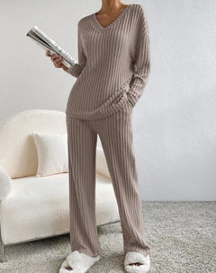 Soft beige casual 2-piece loungewear set with hoodie and matching joggers, comfortable and stylish for relaxing at home.