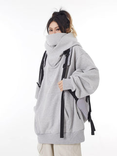 Gray loose high collar fleece-lined hoodie from My Store, showcasing its cozy fleece lining and relaxed fit.