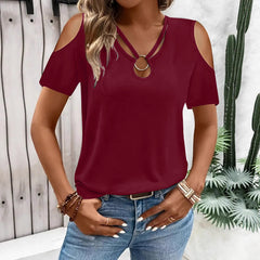 Women’s loose-fit crossover V-neck off-the-shoulder short-sleeve T-shirt from My Store, shown on a model with casual styling.