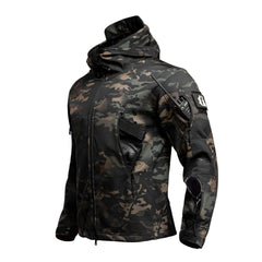 Men's outdoor Sharkskin softshell jacket, black with hood and zippered pockets, designed for outdoor activities and weather protection.