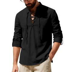 Men's casual long-sleeve linen Henley shirt in a relaxed fit, featuring a buttoned neckline and breathable linen fabric.