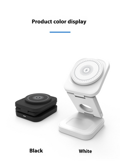 Foldable 3-in-1 wireless charger from My Store showing charging pads for phone, smartwatch, and earbuds in a sleek design.