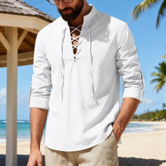 Men's casual long-sleeve linen Henley shirt from My Store, shown in a relaxed fit with buttoned neckline and lightweight linen fabric.