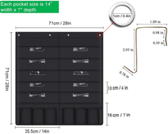 Hanging file holder organizer rack with 10 file pockets and 10 supply pockets, ideal for office storage and organization.