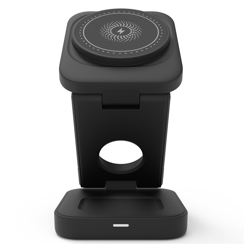 Wireless 3-in-1 foldable charger by My Store charging smartphone, smartwatch, and earbuds on a sleek surface.