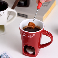 Set of four ceramic fondue mugs with handles, perfect for serving cheese or chocolate fondue in a stylish manner.