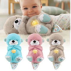 Soft plush otter sound machine toy with sensory lights, gentle music, and rhythmic breathing motion for babies.