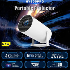 My Store HY300 Pro home theater projector displaying a vibrant image on a wall in a dark room.