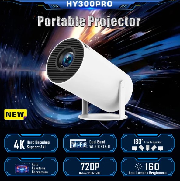 My Store HY300 Pro home theater projector displaying a vibrant image on a wall in a dark room.