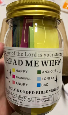 Bible verses in a jar by My Store, showcasing a clear glass jar filled with handwritten inspirational Bible verse cards.