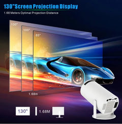 My Store HY300 Pro projector for home theater setup, showing a sleek black device with projection lens and control buttons on top.