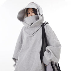 Gray loose high collar fleece-lined hoodie from My Store featuring a relaxed fit and cozy fleece interior.