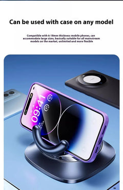 Magnetic adjustable car phone mount holding a smartphone, with a sleek black design and flexible arm for easy viewing.