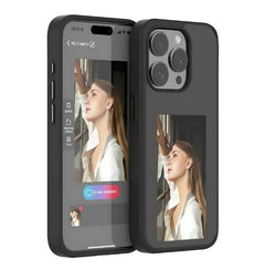E-Ink phone case by My Store showing a sleek black design with customizable digital display on the back.
