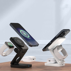 Foldable 3-in-1 wireless charger from My Store with a sleek design, capable of charging multiple devices simultaneously.