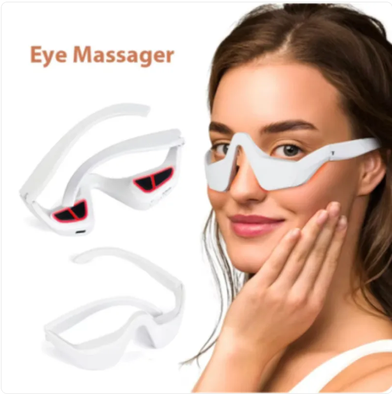 Red light eye massager from My Store with ergonomic design and adjustable straps, shown in a close-up view.