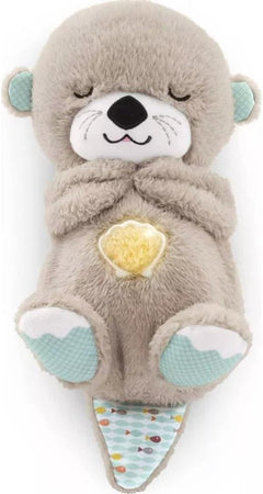 Soft plush otter sound machine toy with sensory lights, gentle music, and rhythmic breathing motion for babies.