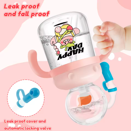 Children's whale cartoon diving fountain water bottle in Tritan, leakproof sippy cup with colorful designs and various sizes.