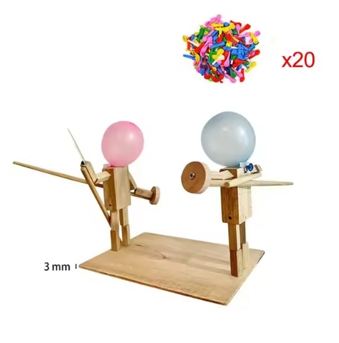 Handmade Balloon Heads wooden fighter puppets with painted faces and colorful costumes, ideal for children's play and storytelling.