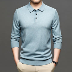 Men's navy blue lapel knit pullover sweater from My Store, featuring a stylish collar and textured knit fabric.