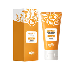 Orange exfoliating whitening gel for skin care in a clear bottle, with fresh orange slices and bright, smooth skin.
