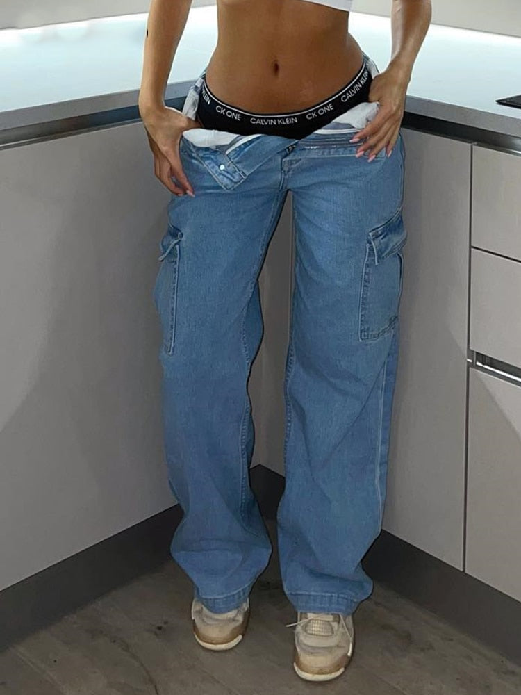 High waist cargo pants from My Store featuring a stylish fit and multiple pockets, shown in a neutral color.